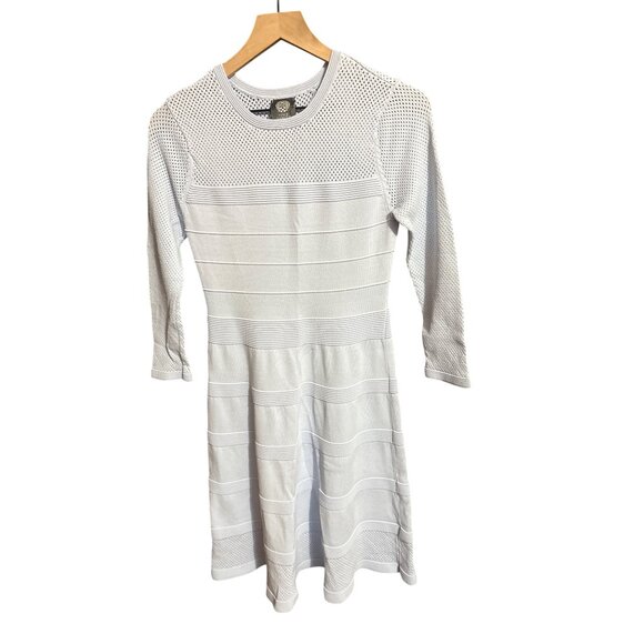 Vince Camuto Womens Small Light Blue Textured Fit & Flare Dress With Mesh Sleeve - Picture 2 of 6